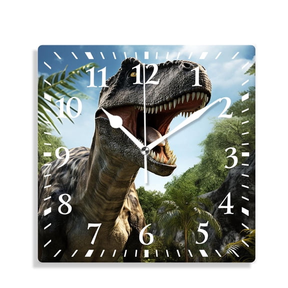 14 Inch Wall Clock Battery Operated Silent Clock Decorative for Office, Kitchen, Outdoor, Living RoomGiant Dinosaurs Destroying The Park Graceful Drawing