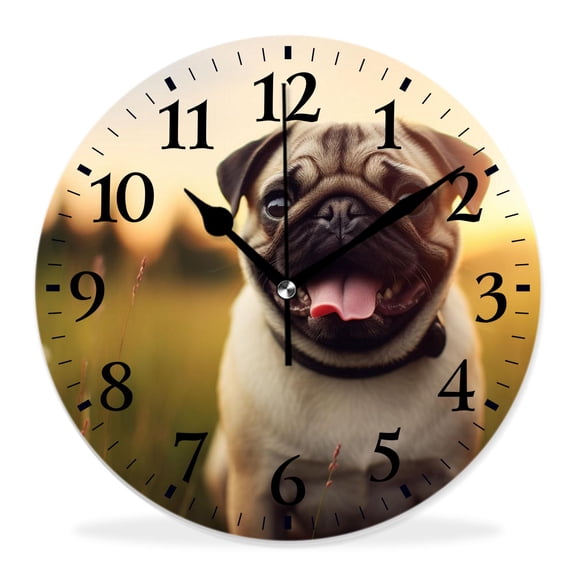 14 Inch Wall Clock Battery Operated Silent Clock Decorative for Office, Kitchen, Outdoor, Living RoomHappy Pug Dog with Bright Sunshine in Green Elegant