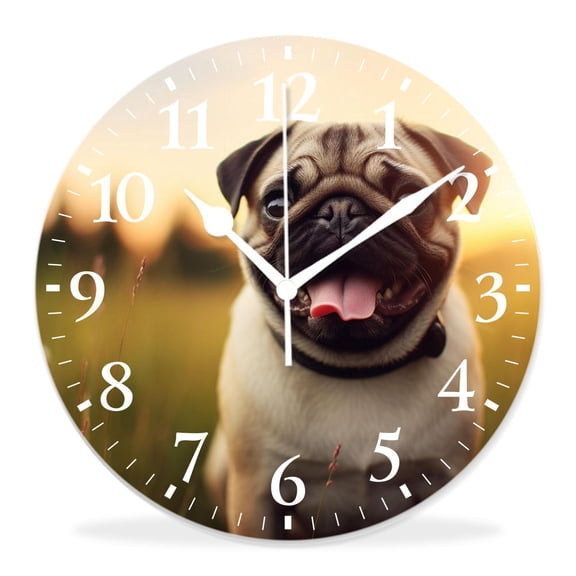 14 Inch Wall Clock Battery Operated Silent Clock Decorative for Office, Kitchen, Outdoor, Living RoomHappy Pug Dog with Bright Sunshine in Green Elegant