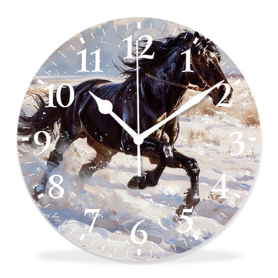 14 Inch Wall Clock Battery Operated Silent Clock Decorative for Office, Kitchen, Outdoor, Living Room,Horse Walking on Snow Field Autumn forest Elegant