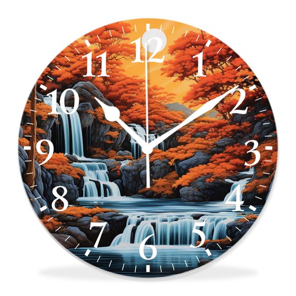 14 Inch Wall Clock Battery Operated Silent Clock Decorative for Office, Kitchen, Outdoor, Living RoomJungle Trees Waterfall and River Park in The Autumn Season Adorable