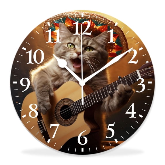 14 Inch Wall Clock Battery Operated Silent Clock Decorative for Office, Kitchen, Outdoor, Living Room，Kitten in Hat Music Playing Guitar Watercolor Painting Pattern