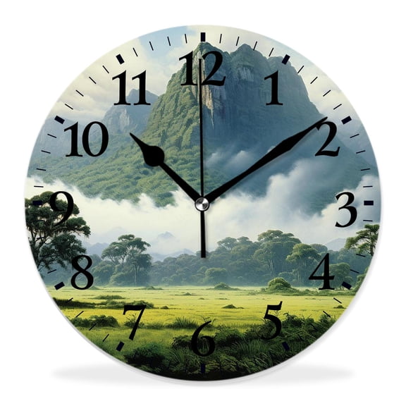14 Inch Wall Clock Battery Operated Silent Clock Decorative for Office, Kitchen, Outdoor, Living RoomLandscape Nature Scene in Green Tones with Mountains and Trees Art