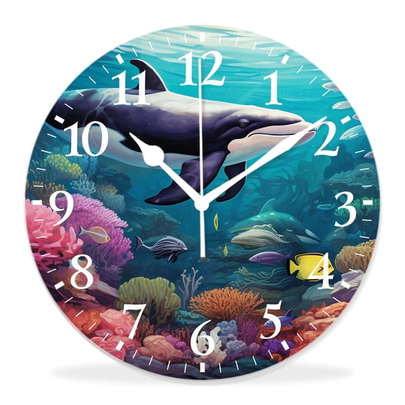 14 Inch Wall Clock Battery Operated Silent Clock Decorative for Office, Kitchen, Outdoor, Living RoomMassive Whale The Master of The Oceans Themedround Planet Nature,Blue Orange Illustration