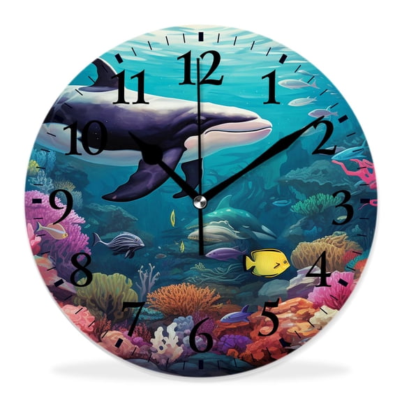 14 Inch Wall Clock Battery Operated Silent Clock Decorative for Office, Kitchen, Outdoor, Living RoomMassive Whale The Master Of The Oceans Themedround Planet Nature,Blue Orange Illustration