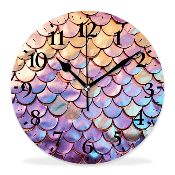 14 Inch Wall Clock Battery Operated Silent Clock Decorative for Office, Kitchen, Outdoor, Living Room,Mermaid Scale Fish Scales with Golden Glitter Print Painting