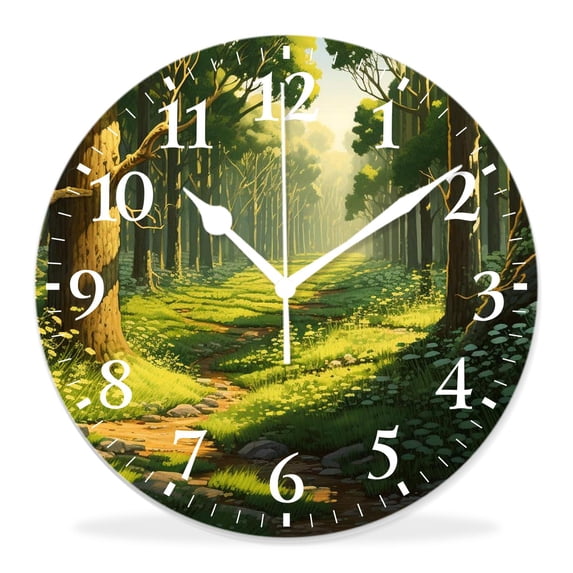 14 Inch Wall Clock Battery Operated Silent Clock Decorative for Office, Kitchen, Outdoor, Living Room,Nature Green forest Spring with Trees and Bushes Drawing