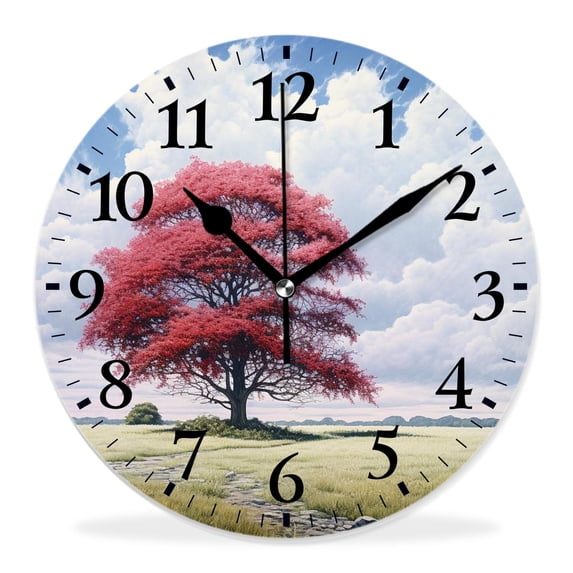 14 Inch Wall Clock Battery Operated Silent Clock Decorative for Office, Kitchen, Outdoor, Living Room,Nature Rural Scene Sky Clouds Lonely Tree on Grassy Meadow Lovely