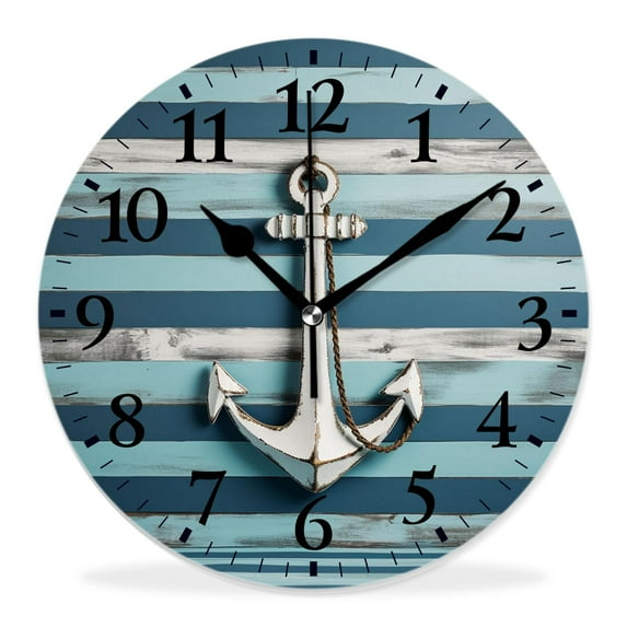 14 Inch Wall Clock Battery Operated Silent Clock Decorative for Office, Kitchen, Outdoor, Living Room,Nautical with Rope on Turquoise Blue Grunge Wooden Drawing