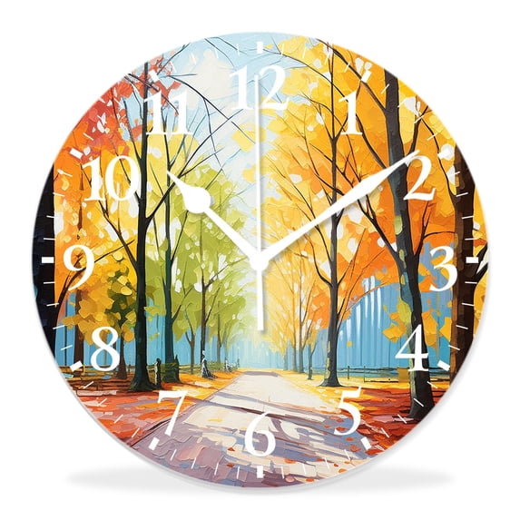 14 Inch Wall Clock Battery Operated Silent Clock Decorative for Office, Kitchen, Outdoor, Living Room,Oil Painting Landscape - Autumn forest Bright Red Elegant