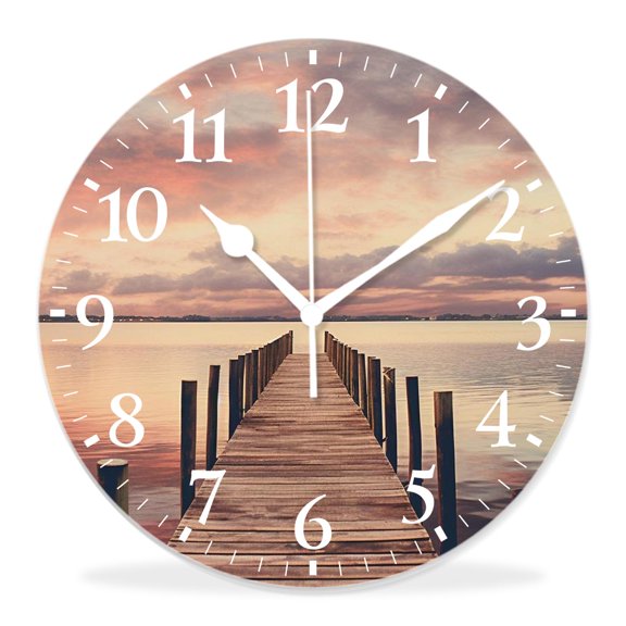 14 Inch Wall Clock Battery Operated Silent Clock Decorative for Office, Kitchen, Outdoor, Living RoomOrange Old Rustic Pier on The Beach and Romantic Design