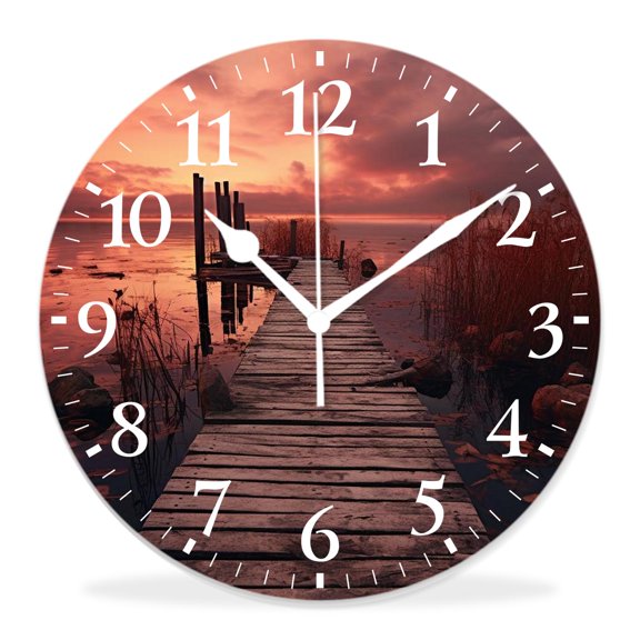 14 Inch Wall Clock Battery Operated Silent Clock Decorative for Office, Kitchen, Outdoor, Living RoomOrange Old Rustic Pier on The Beach and Romantic Pattern