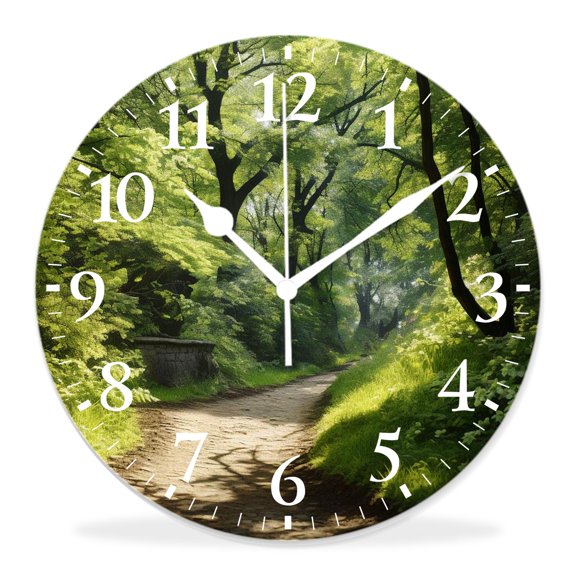 14 Inch Wall Clock Battery Operated Silent Clock Decorative for Office, Kitchen, Outdoor, Living RoomOutdoor Footpath Green City Park Sun Rays Freshness Hiking forest Drawing