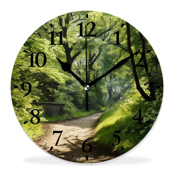 14 Inch Wall Clock Battery Operated Silent Clock Decorative for Office, Kitchen, Outdoor, Living RoomOutdoor Footpath Green City Park Sun Rays Freshness Hiking forest Drawing
