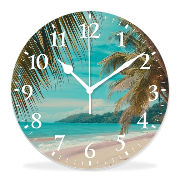 14 Inch Wall Clock Battery Operated Silent Clock Decorative for Office, Kitchen, Outdoor, Living Room，Palm Tree Leaves Ocean Beach Sky Landscape Beautiful