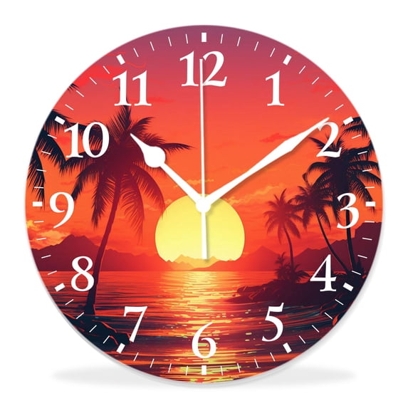 14 Inch Wall Clock Battery Operated Silent Clock Decorative for Office, Kitchen, Outdoor, Living Room,Palm Tree Sunset Tropical Ocean Beach Sea Travel Creative