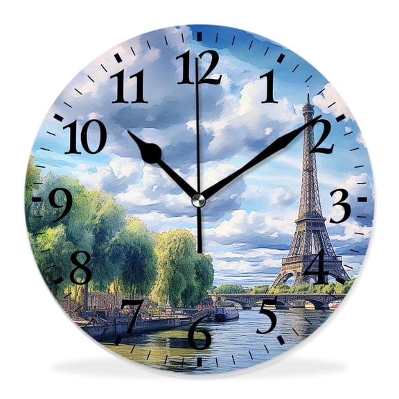14 Inch Wall Clock Battery Operated Silent Clock Decorative for Office, Kitchen, Outdoor, Living RoomParis Eiffel Tower and Cloudy Sky Panoramic Exquisite
