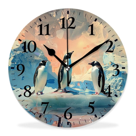 14 Inch Wall Clock Battery Operated Silent Clock Decorative for Office, Kitchen, Outdoor, Living Room,Penguin Animal Stand Ice Floe Floating in Blue Ocean Lovely