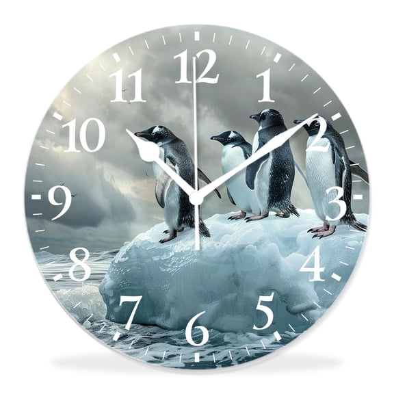 14 Inch Wall Clock Battery Operated Silent Clock Decorative for Office, Kitchen, Outdoor, Living RoomPenguin Animal Stand Ice Floe Floating in Blue Ocean Multicolor
