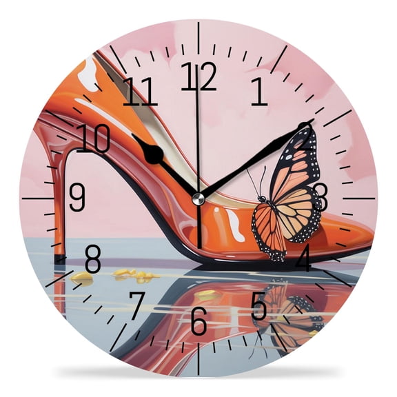 14 Inch Wall Clock Battery Operated Silent Clock Decorative for Office, Kitchen, Outdoor, Living RoomPink High Heel Shoes Butterfly Beautiful Pattern