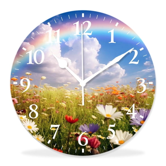 14 Inch Wall Clock Battery Operated Silent Clock Decorative for Office, Kitchen, Outdoor, Living Room,Poppy Flower Meadow with Poppies and Rainbow Reflection Creative