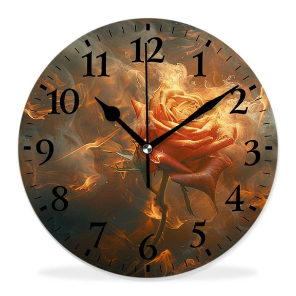 14 Inch Wall Clock Battery Operated Silent Clock Decorative for Office, Kitchen, Outdoor, Living RoomPretty Fire Rose with Sparkle Flame Smoke Graceful