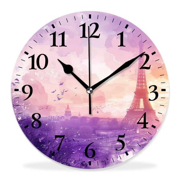 14 Inch Wall Clock Battery Operated Silent Clock Decorative for Office, Kitchen, Outdoor, Living RoomPurple Eiffel Tower Shape with Floral Plants Branch Pretty