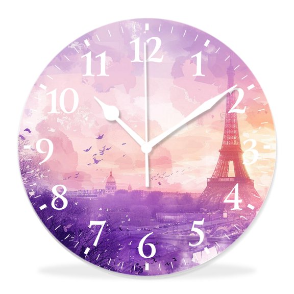 14 Inch Wall Clock Battery Operated Silent Clock Decorative for Office, Kitchen, Outdoor, Living RoomPurple Eiffel Tower Shape with Floral Plants Branch Pretty