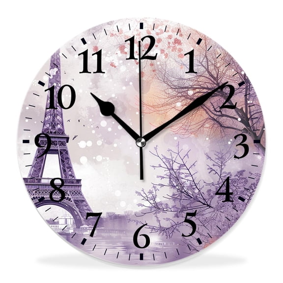 14 Inch Wall Clock Battery Operated Silent Clock Decorative for Office, Kitchen, Outdoor, Living RoomPurple Eiffel Tower Shape with Floral Plants Branch Simple