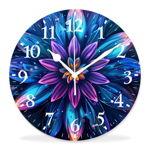 14 Inch Wall Clock Battery Operated Silent Clock Decorative for Office, Kitchen, Outdoor, Living RoomPurple Mandala Flower Boho Floral Circle Creative