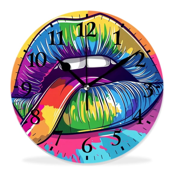 14 Inch Wall Clock Battery Operated Silent Clock Decorative for Office, Kitchen, Outdoor, Living RoomRainbow Lip Bright Shine Open Mouth Heart Polka Dot on White Lovely