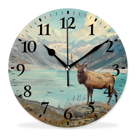 14 Inch Wall Clock Battery Operated Silent Clock Decorative for Office, Kitchen, Outdoor, Living RoomRed Deer Bull Moose Autumn Woodland forest Water Snow Pretty