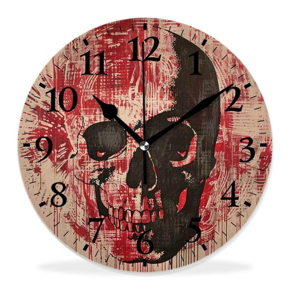 14 Inch Wall Clock Battery Operated Silent Clock Decorative for Office, Kitchen, Outdoor, Living RoomRed Finger Print Skull Day of The Dead Elaborate