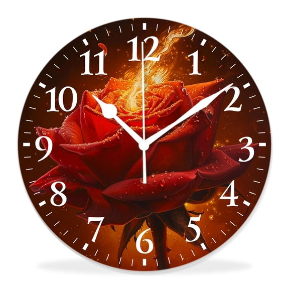 14 Inch Wall Clock Battery Operated Silent Clock Decorative for Office, Kitchen, Outdoor, Living RoomRed Rose Flower Plant Floral Brown Dot Vintage Elaborate