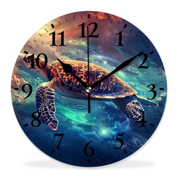 14 Inch Wall Clock Battery Operated Silent Clock Decorative for Office, Kitchen, Outdoor, Living Room,Sea Turtle Diving in Outer Space Galaxy Universe Simple
