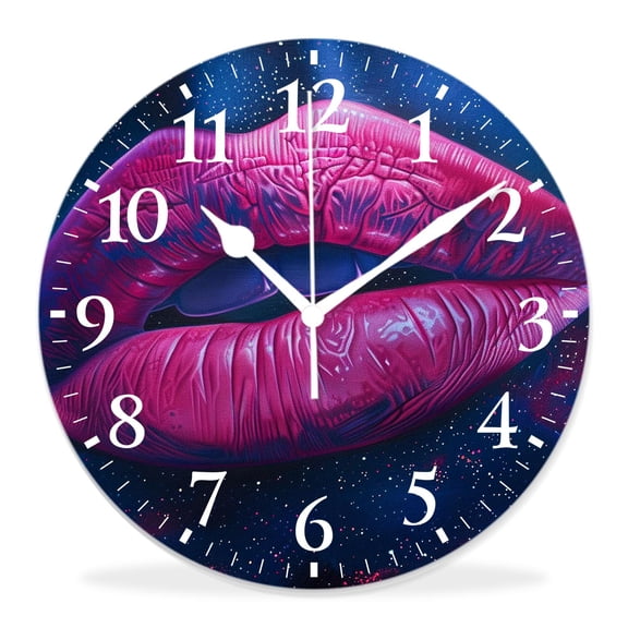 14 Inch Wall Clock Battery Operated Silent Clock Decorative for Office, Kitchen, Outdoor, Living RoomSexy Sparkling Purple Glitter Lip on Black Stunning