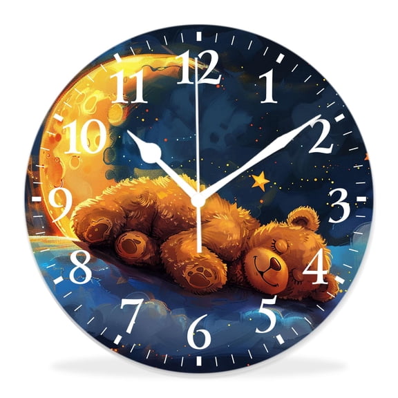14 Inch Wall Clock Battery Operated Silent Clock Decorative for Office, Kitchen, Outdoor, Living RoomSleeping Bear on Moon Hanging Star Planet Delicate