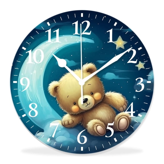14 Inch Wall Clock Battery Operated Silent Clock Decorative for Office, Kitchen, Outdoor, Living RoomSleeping Bear on Moon Hanging Star Planet Exquisite