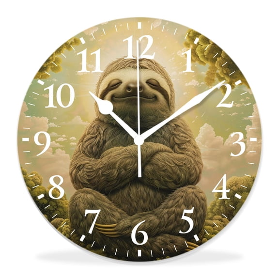 14 Inch Wall Clock Battery Operated Silent Clock Decorative for Office, Kitchen, Outdoor, Living RoomSloth in Jungle Scene Tropical Leaf Floral Circle on Wood Pretty