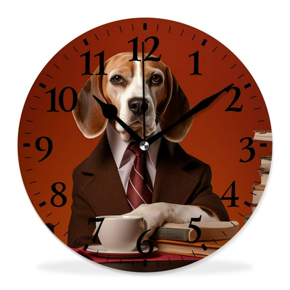 14 Inch Wall Clock Battery Operated Silent Clock Decorative for Office, Kitchen, Outdoor, Living RoomSmart Dachshund Puppy Pug Dog with Glasses Book Colorful