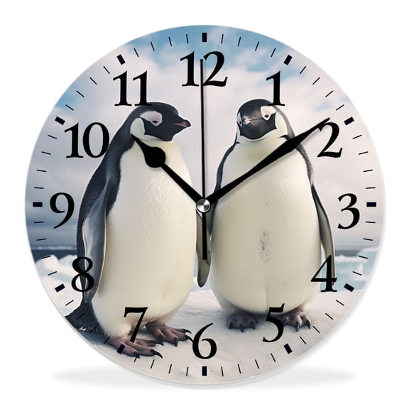 14 Inch Wall Clock Battery Operated Silent Clock Decorative for Office, Kitchen, Outdoor, Living RoomSouth Pole Penguin Hold Hand Stand on Rock with White Ocean Design