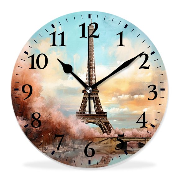 14 Inch Wall Clock Battery Operated Silent Clock Decorative for Office, Kitchen, Outdoor, Living RoomSunset Eiffel Tower in Paris with Tree Branch in Vintage Style Elegant