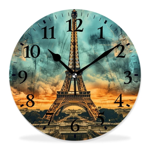 14 Inch Wall Clock Battery Operated Silent Clock Decorative for Office, Kitchen, Outdoor, Living RoomSunset Eiffel Tower in Paris with Tree Branch in Vintage Style Lovely