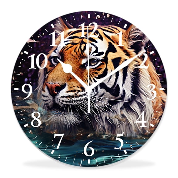 14 Inch Wall Clock Battery Operated Silent Clock Decorative for Office, Kitchen, Outdoor, Living RoomTiger Animal in Fantasy Starry Night forest with Snow Snowflake Elegant