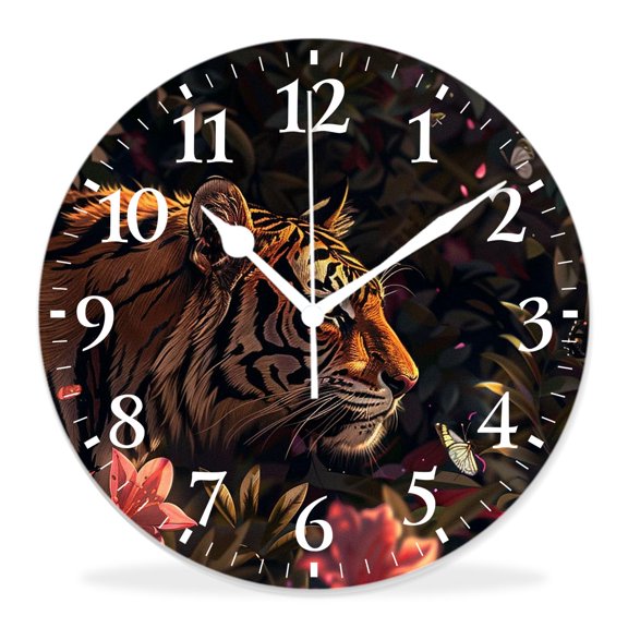 14 Inch Wall Clock Battery Operated Silent Clock Decorative for Office, Kitchen, Outdoor, Living RoomTiger Palm Tree Leaves Exotic Watercolor Elaborate