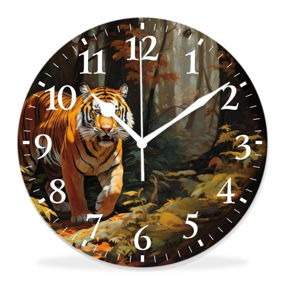 14 Inch Wall Clock Battery Operated Silent Clock Decorative for Office, Kitchen, Outdoor, Living RoomTiger in The forest Standing and Gazing at The Camera Pattern