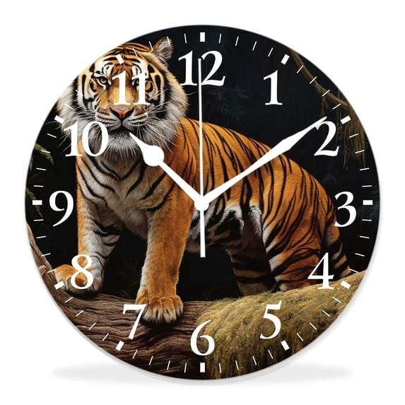 14 Inch Wall Clock Battery Operated Silent Clock Decorative for Office, Kitchen, Outdoor, Living Room,Tiger in The forest Standing and Gazing at The Camera Print
