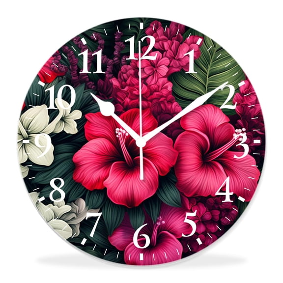 14 Inch Wall Clock Battery Operated Silent Clock Decorative for Office, Kitchen, Outdoor, Living Room，Tropical Jungle Pattern with Flower Palm Leaf Image