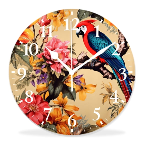 14 Inch Wall Clock Battery Operated Silent Clock Decorative for Office, Kitchen, Outdoor, Living RoomTropical Pattern Parrot Bird Butterfly Hummingbird Palm Leaf Beautiful