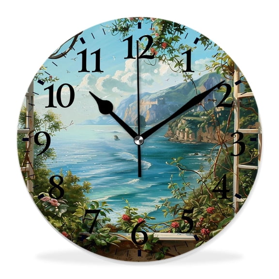 14 Inch Wall Clock Battery Operated Silent Clock Decorative for Office, Kitchen, Outdoor, Living Room，Tropical Sea Palms and Exotic Village Scene Cute